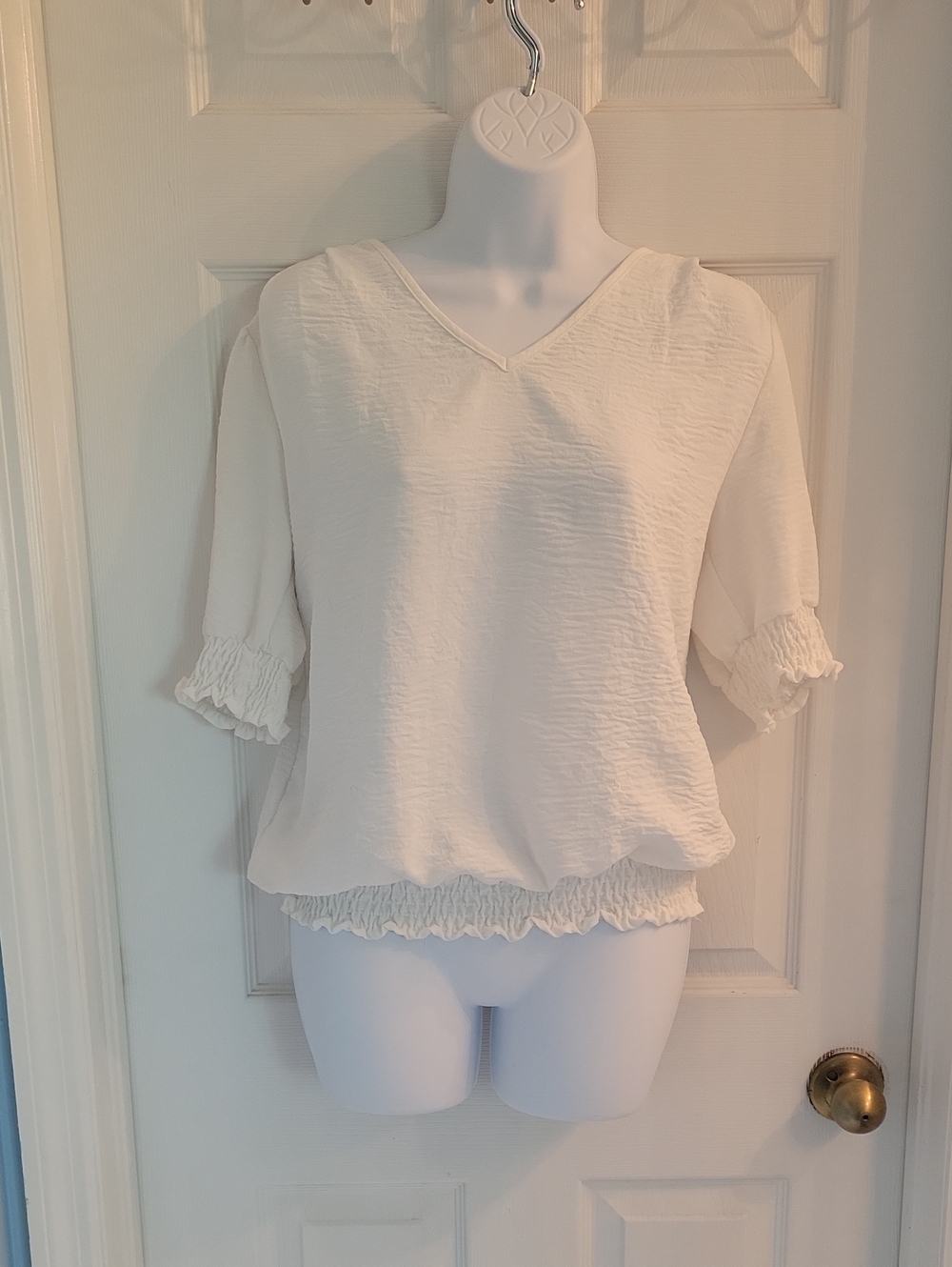 V-Neck White Textured Blouse with Ruching